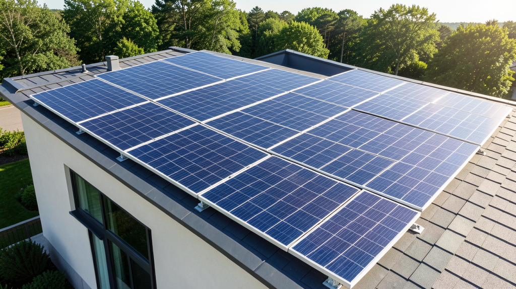 autoconsommation panneau solaire installés sur le toit d'une maison moderne pour l'autonomie énergétique