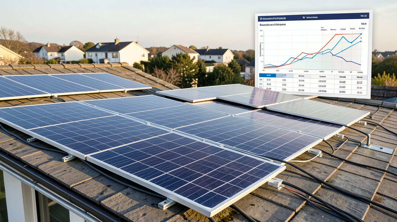 autoconsommation panneau solaire illustrant le retour sur investissement avec une installation photovoltaïque sur toit et un graphique financier