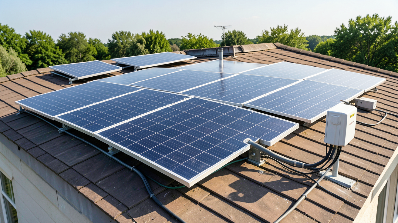 autoconsommation panneaux photovoltaïques installation solaire montrant des panneaux sur le toit d'une maison et le système de conversion d'énergie.