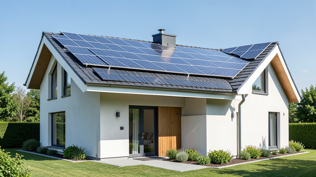 autoconsommation panneaux photovoltaïques installation solaire résidentielle sur toit de maison moderne, vue claire et lumineuse