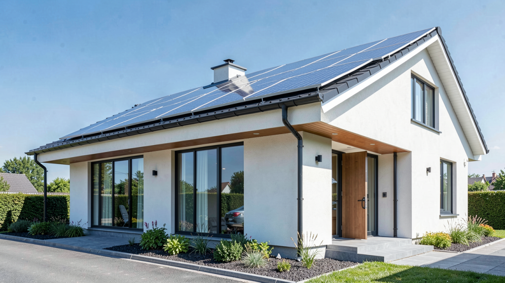 autoconsommation avec des panneaux solaires installés sur le toit d'une maison moderne
