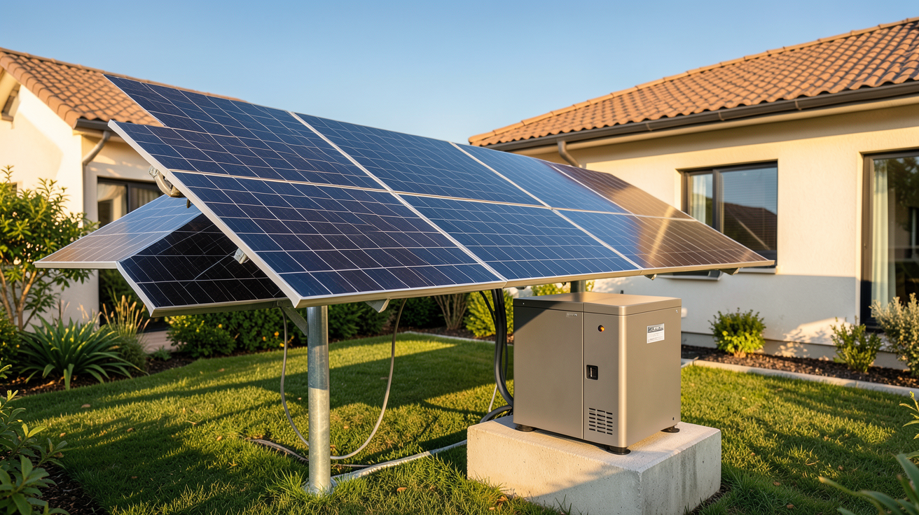 autoconsommation photovoltaïque avec stockage : système solaire avec panneaux et batterie dans un jardin résidentiel