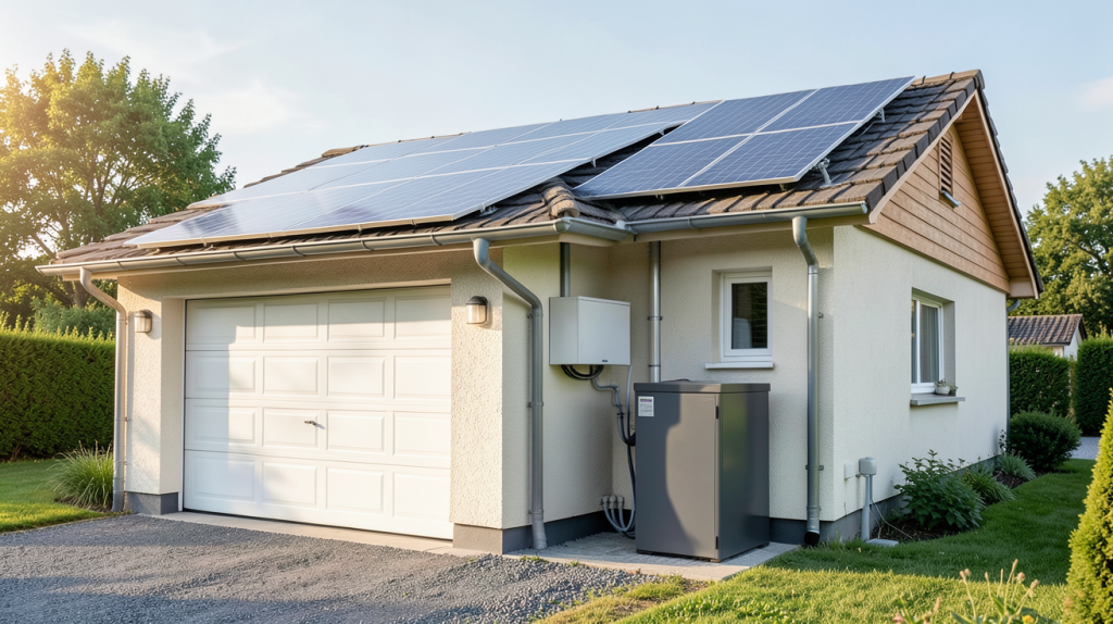 autoconsommation photovoltaïque avec stockage par batterie installée dans un garage de maison individuelle