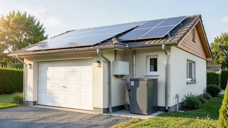 autoconsommation photovoltaïque avec stockage par batterie installée dans un garage de maison individuelle