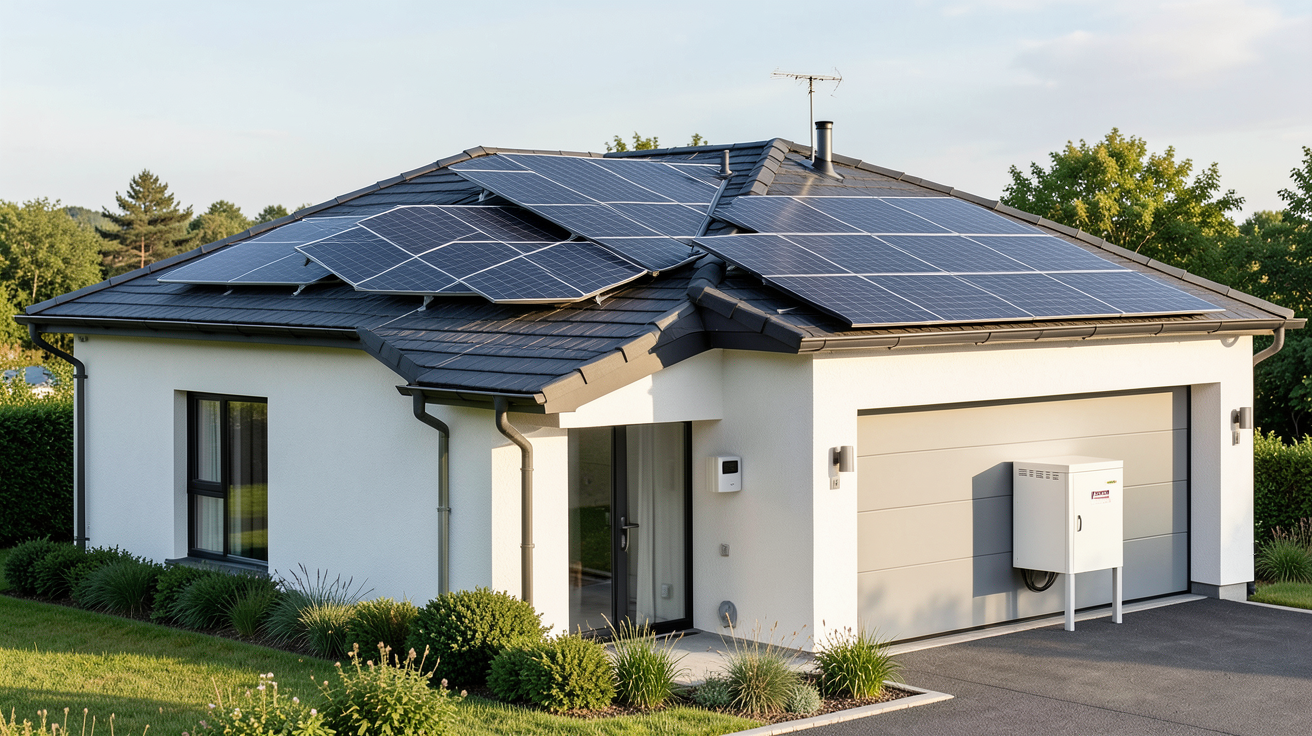 autoconsommation photovoltaïque avec stockage : installation solaire avec panneaux, batterie et onduleur sur une maison moderne