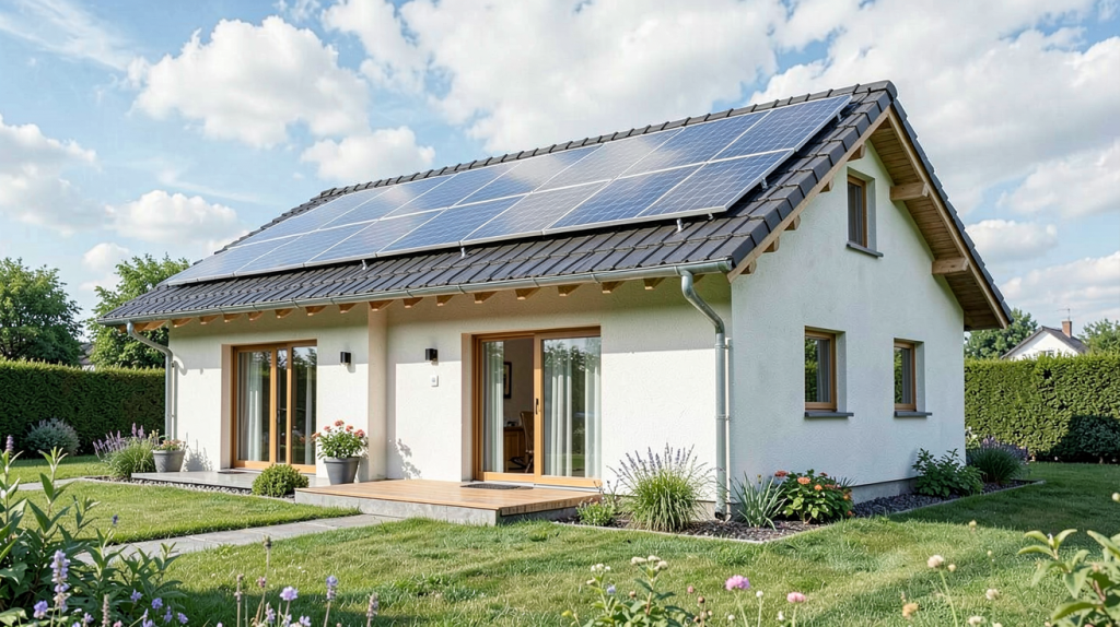 autoconsommation photovoltaïque avec des panneaux solaires sur une maison verte