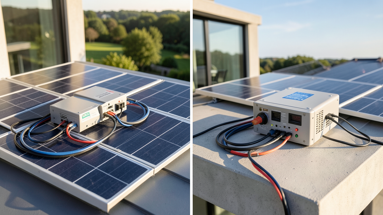 autoconsommation solaire avec batterie : comparaison entre un kit avec micro-onduleurs et un kit avec onduleur hybride installé sur une maison moderne