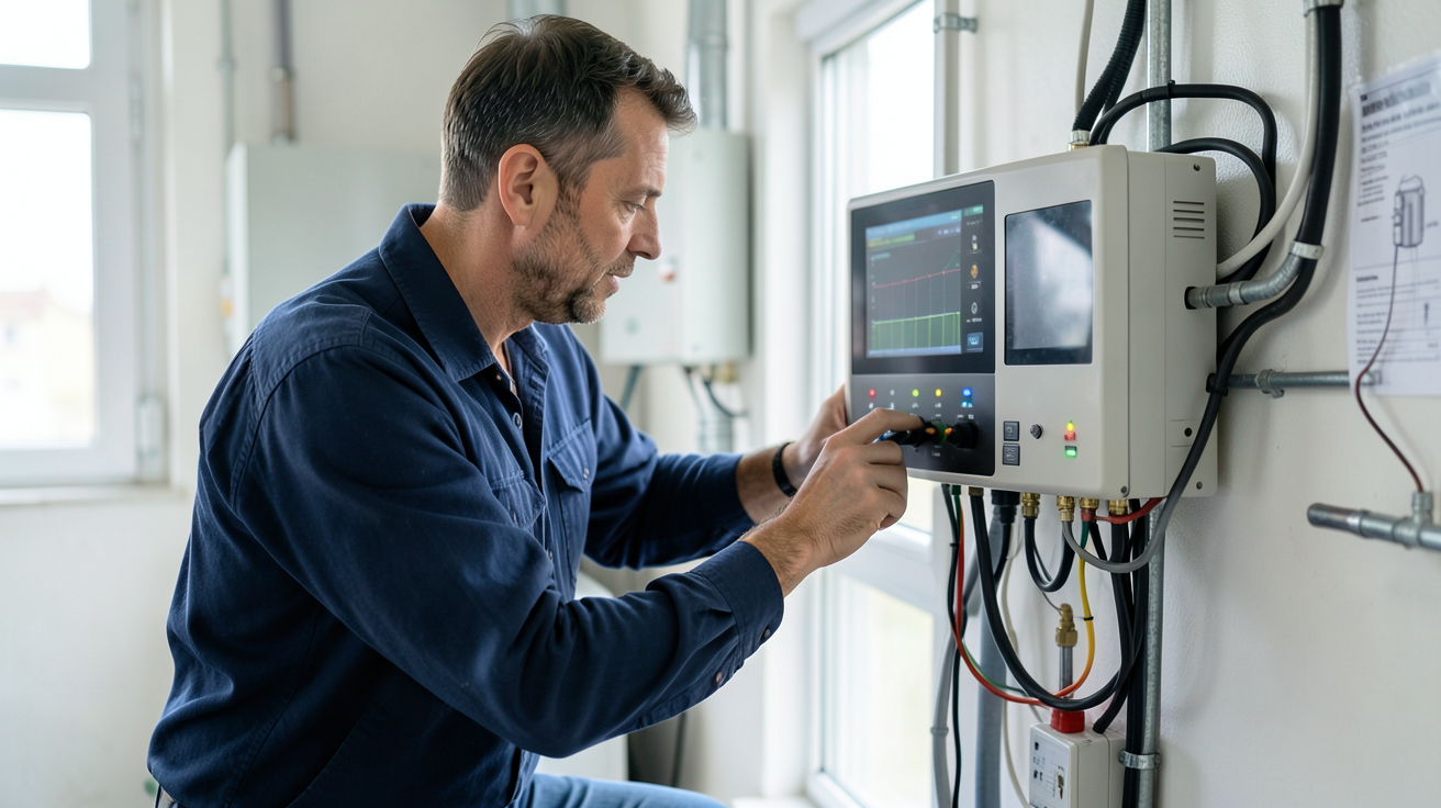 autoconsommation solaire avec batterie : installateur vérifiant les paramètres d'un onduleur connecté à une batterie de stockage dans un local technique