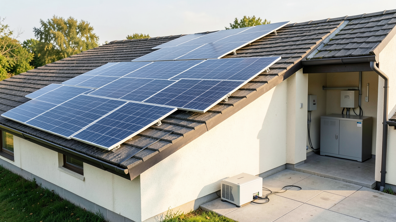 autoconsommation solaire batterie : système de panneaux photovoltaïques, onduleur et batterie de stockage en cours de dimensionnement pour une installation résidentielle
