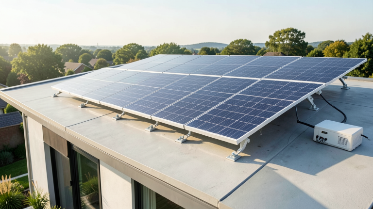 autoconsommation solaire batterie installée sur le toit d'une maison moderne avec batterie de stockage au sol