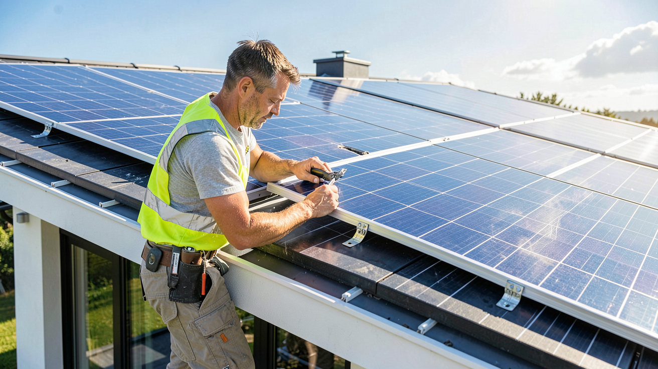 autoconsommation solaire illustrée par une installation de panneaux photovoltaïques sur un toit de maison moderne