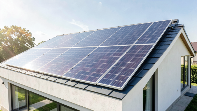 autoconsommation solaire avec des panneaux photovoltaïques installés sur le toit d'une maison contemporaine sous un ciel bleu.