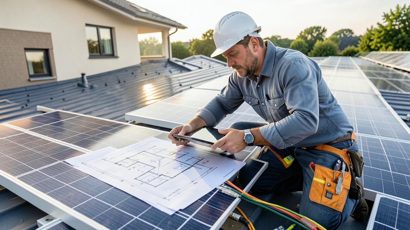 autoconsommation totale : installateur dimensionnant une installation photovoltaïque sur un toit de maison