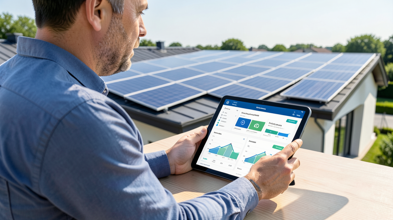 autoconsommation totale photovoltaïque avec une personne vérifiant ses économies d'énergie sur une tablette devant des panneaux solaires