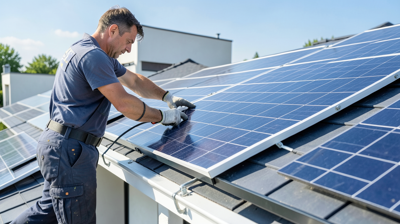 autoconsommation totale photovoltaïque illustrée par l'installation de panneaux solaires sur un toit résidentiel moderne