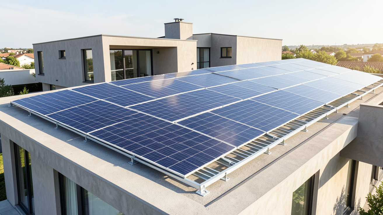 autoconsommation totale photovoltaïque avec des panneaux solaires installés sur le toit d'une maison moderne