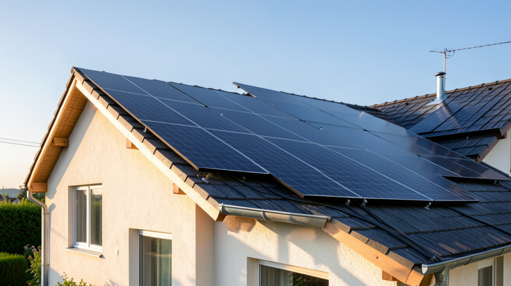 autoconsommation totale photovoltaïque avec panneaux solaires noirs sur toit de maison individuelle sous un ciel bleu