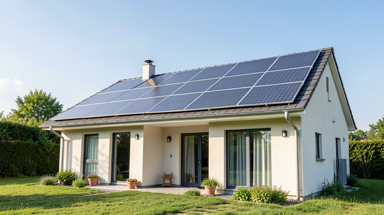 autoconsommation totale principe illustré par une maison avec panneaux solaires couvrant toute la toiture