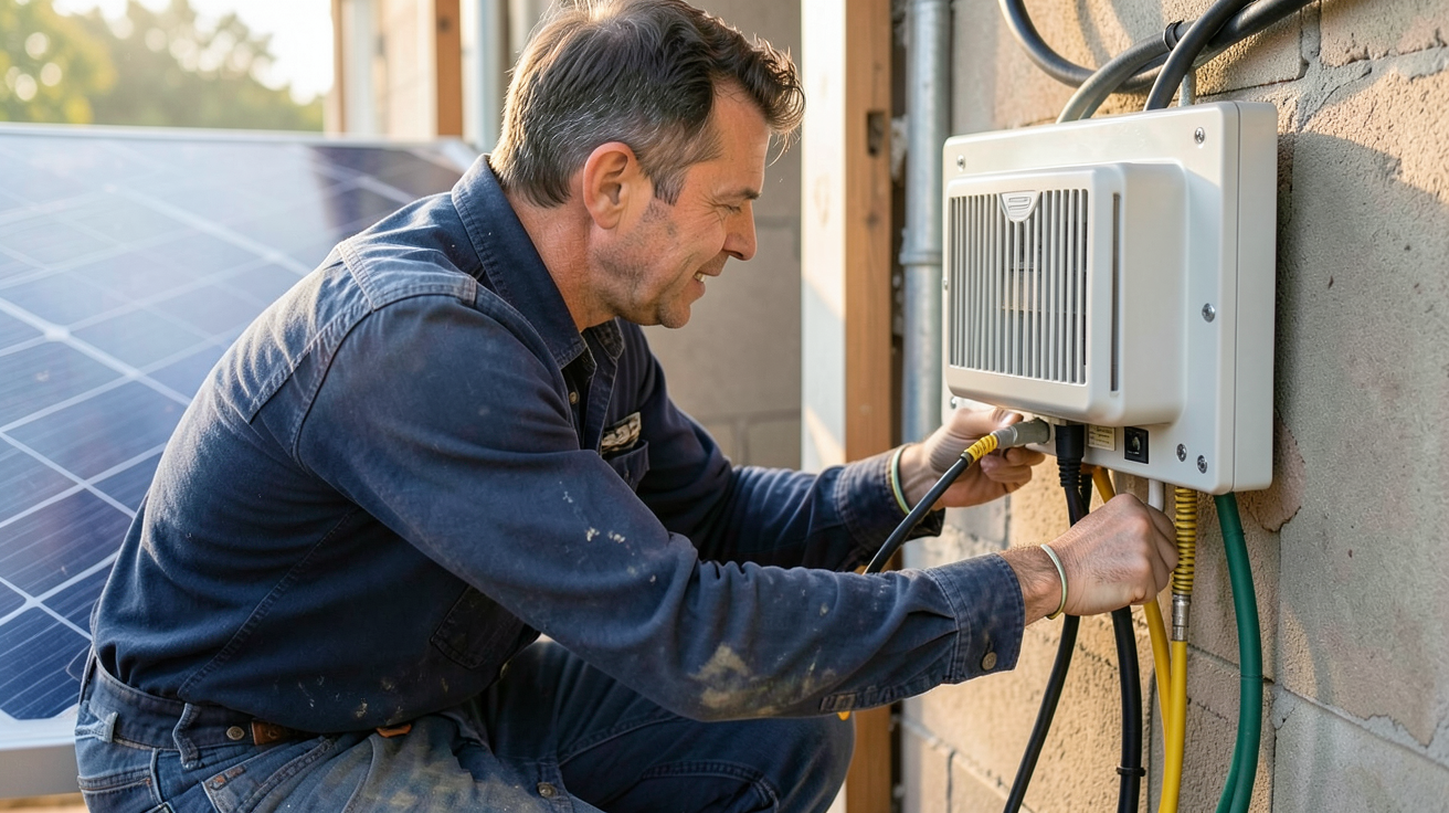 autoconstruction panneau solaire photovoltaïque : artisan raccordant un panneau solaire à un onduleur lors de la mise en service