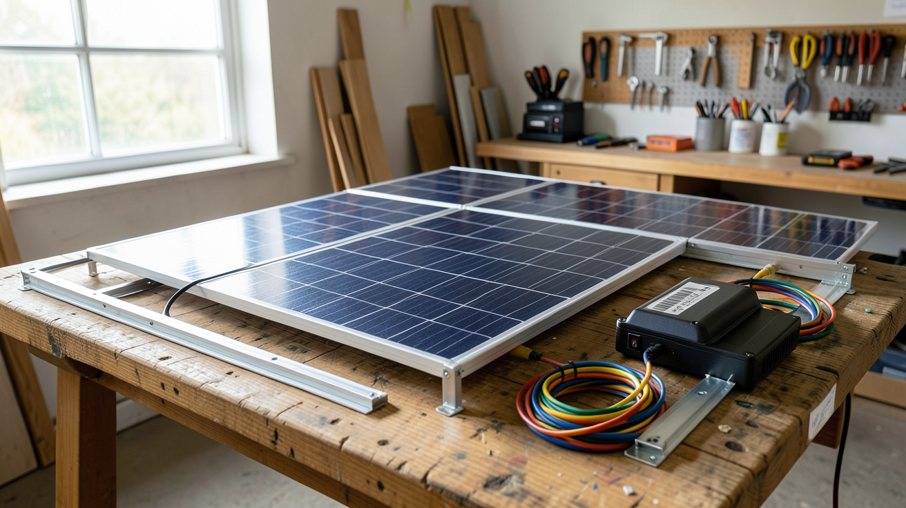 autoconstruction panneau solaire photovoltaïque : matériel sélectionné pour l'installation incluant panneaux, onduleur, structure de fixation, câblage et protections