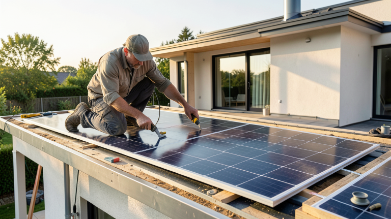 autoconstruction panneau solaire photovoltaïque sur le toit d'une maison moderne, prise de vue en lumière naturelle