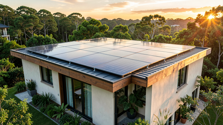 autonomie panneau solaire installé sur le toit d'une maison écologique avec lumière naturelle