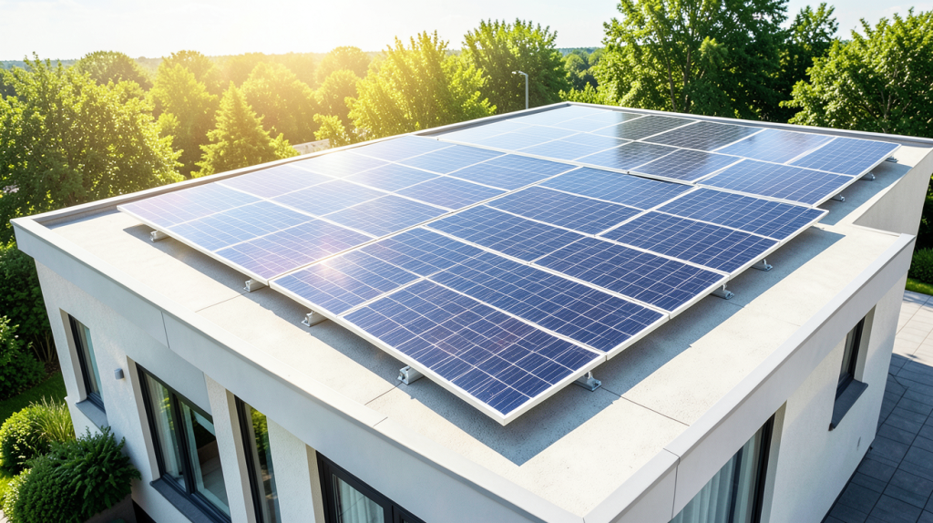 autonomie photovoltaique montrée par des panneaux solaires installés sur le toit d'une maison moderne sous un ciel ensoleillé