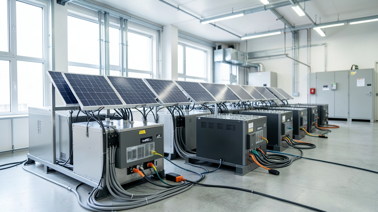 autonomie solaire : batteries solaires modernes alignées dans un local technique bien éclairé