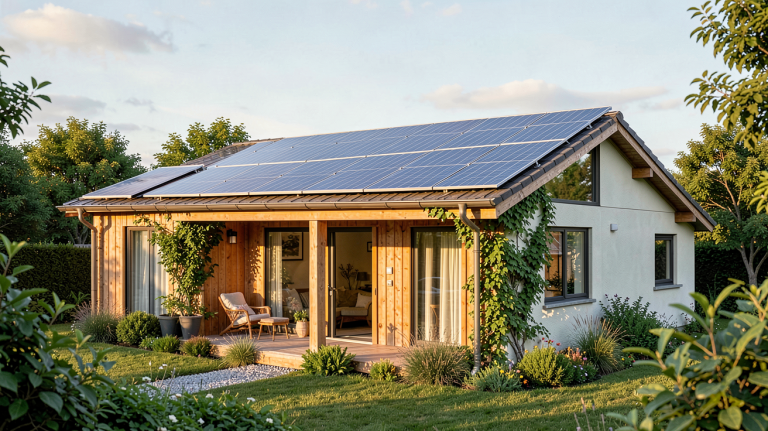 autonomie solaire maison avec panneaux solaires sur le toit