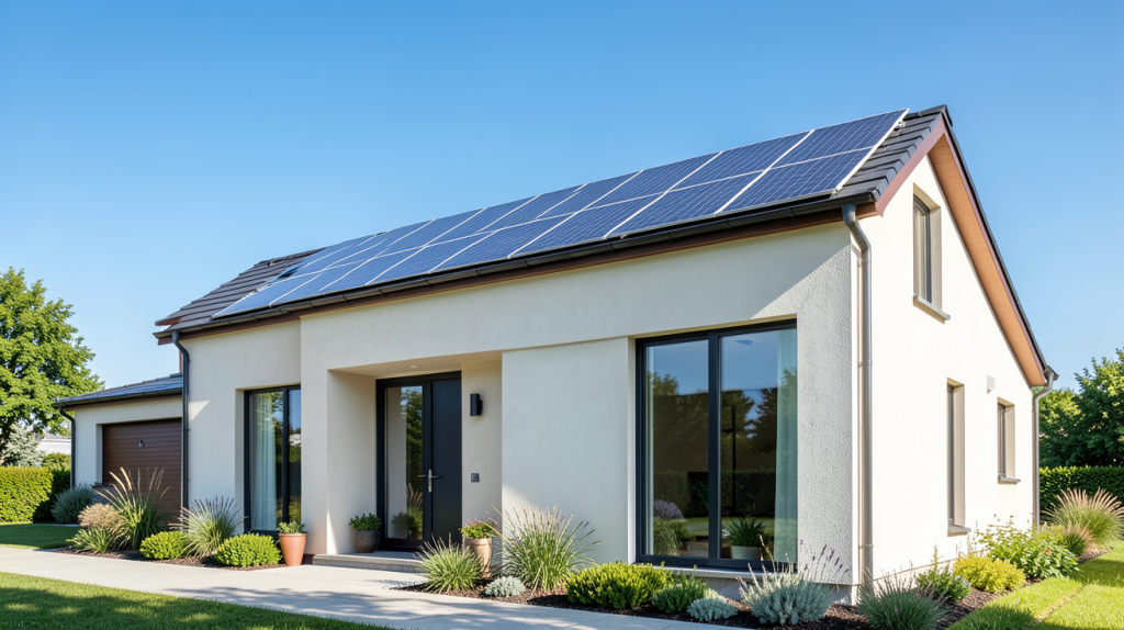 autonomie solaire illustrée par une maison moderne équipée de panneaux photovoltaïques sous un ciel ensoleillé