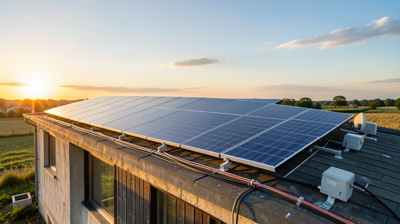 autonomie solaire : installation de panneaux solaires sur le toit d'une maison isolée en campagne