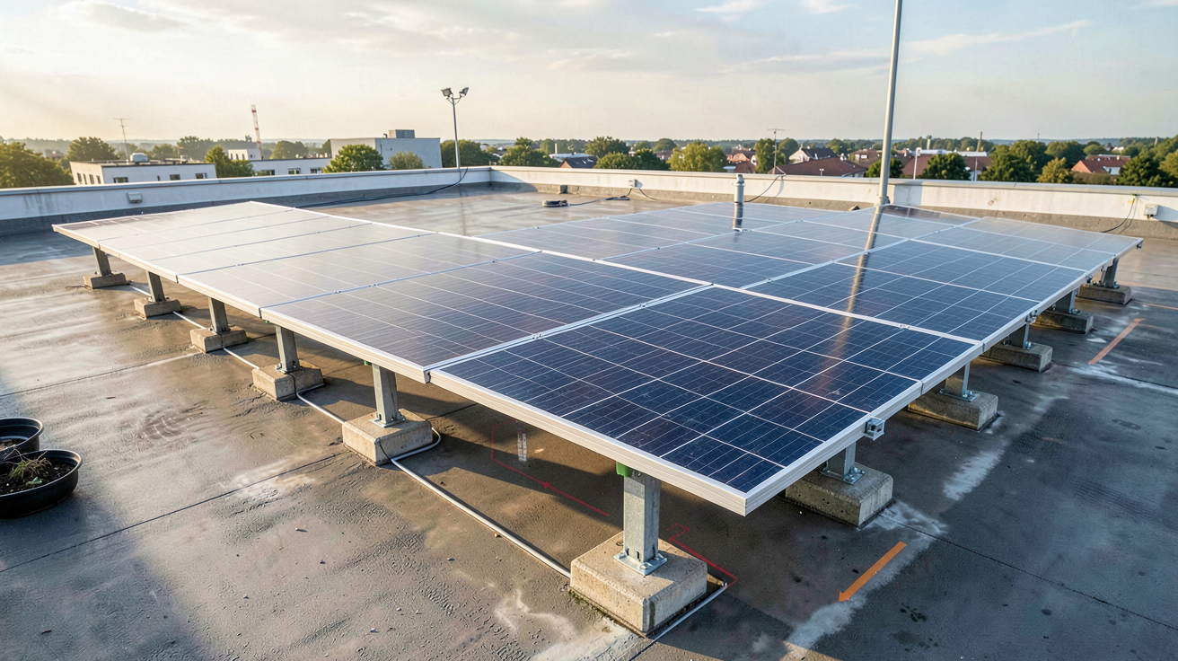 bac à lester pour panneaux solaires installé sur un toit plat avec des panneaux photovoltaïques