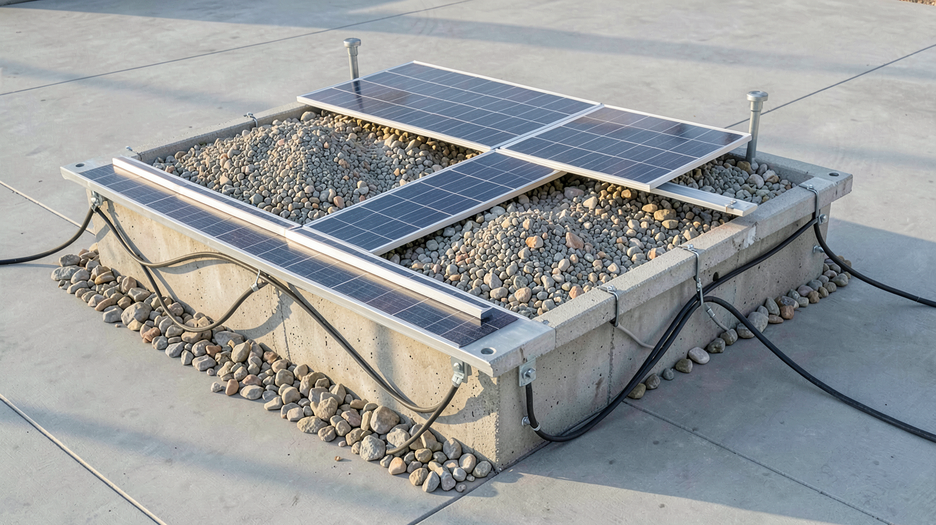 bac à lester utilisé pour stabiliser un panneau solaire au sol, installation sur une surface plane