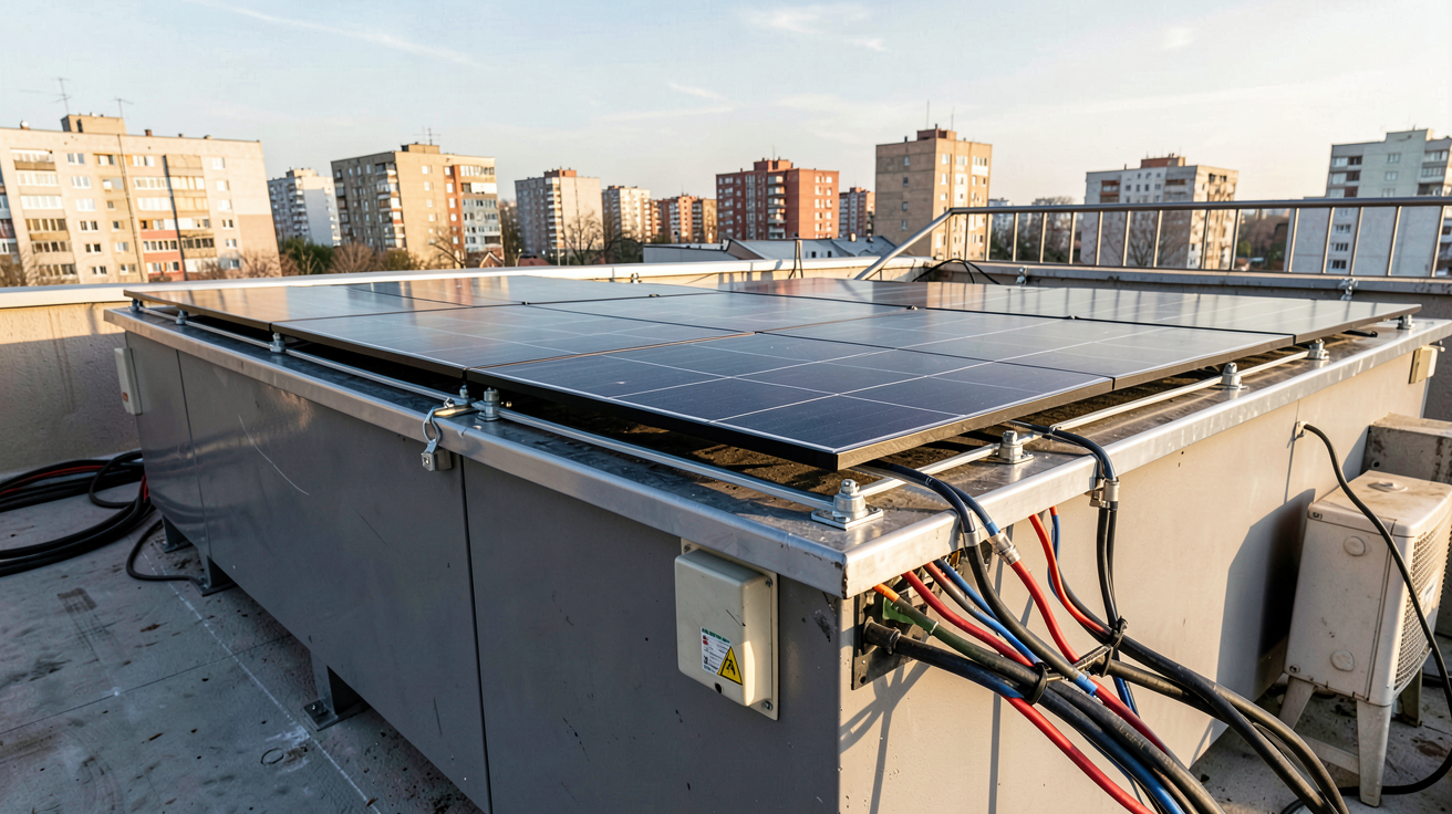 bac à lester pour panneau solaire installé sur une terrasse urbaine avec des panneaux photovoltaïques noirs