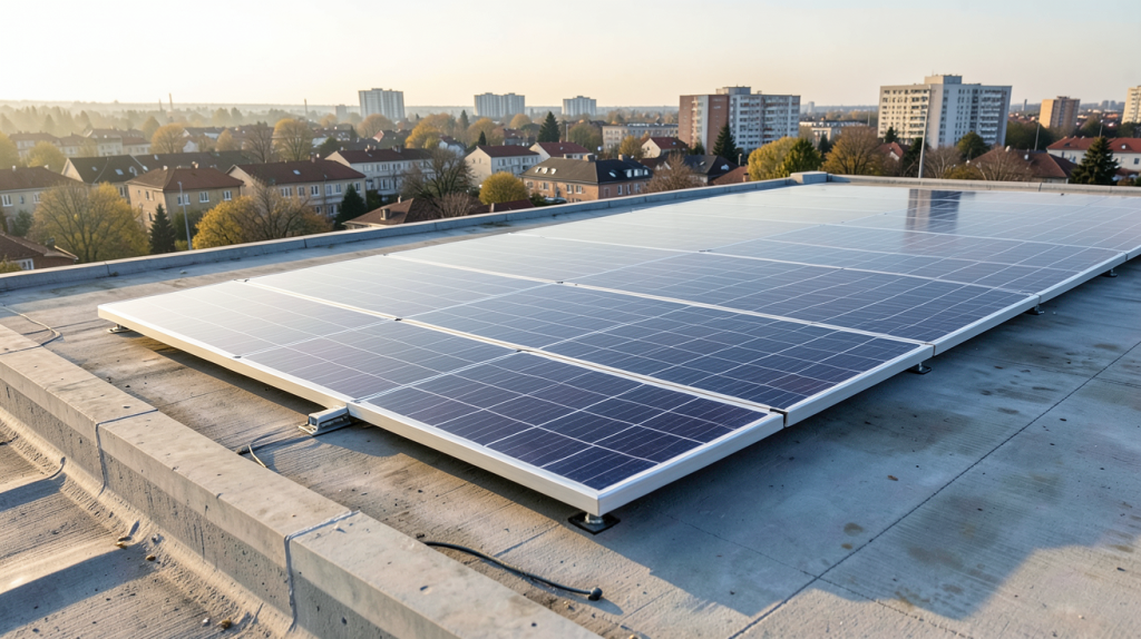bac à lester Renusol installé sur un toit plat pour la fixation de panneaux solaires