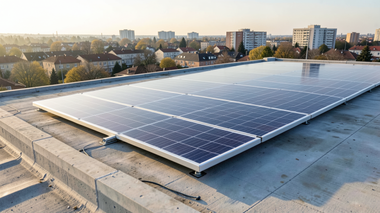 bac à lester Renusol installé sur un toit plat pour la fixation de panneaux solaires