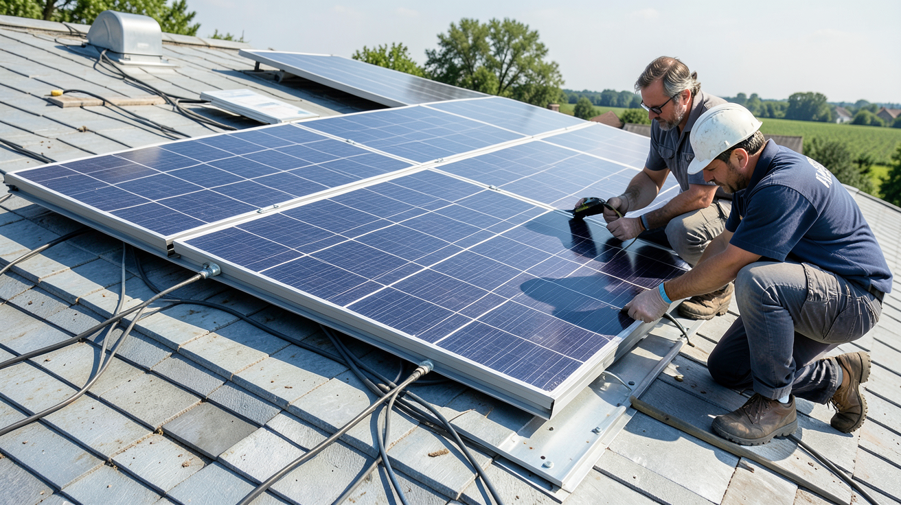 bac acier photovoltaïque intégré montrant les étapes d'installation sur une toiture avec des ouvriers en action