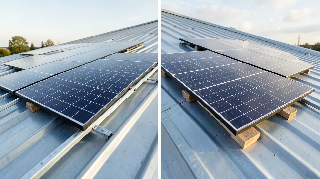 bac acier photovoltaïque intégré système d'installation avec panneaux fixés sur des rails métalliques