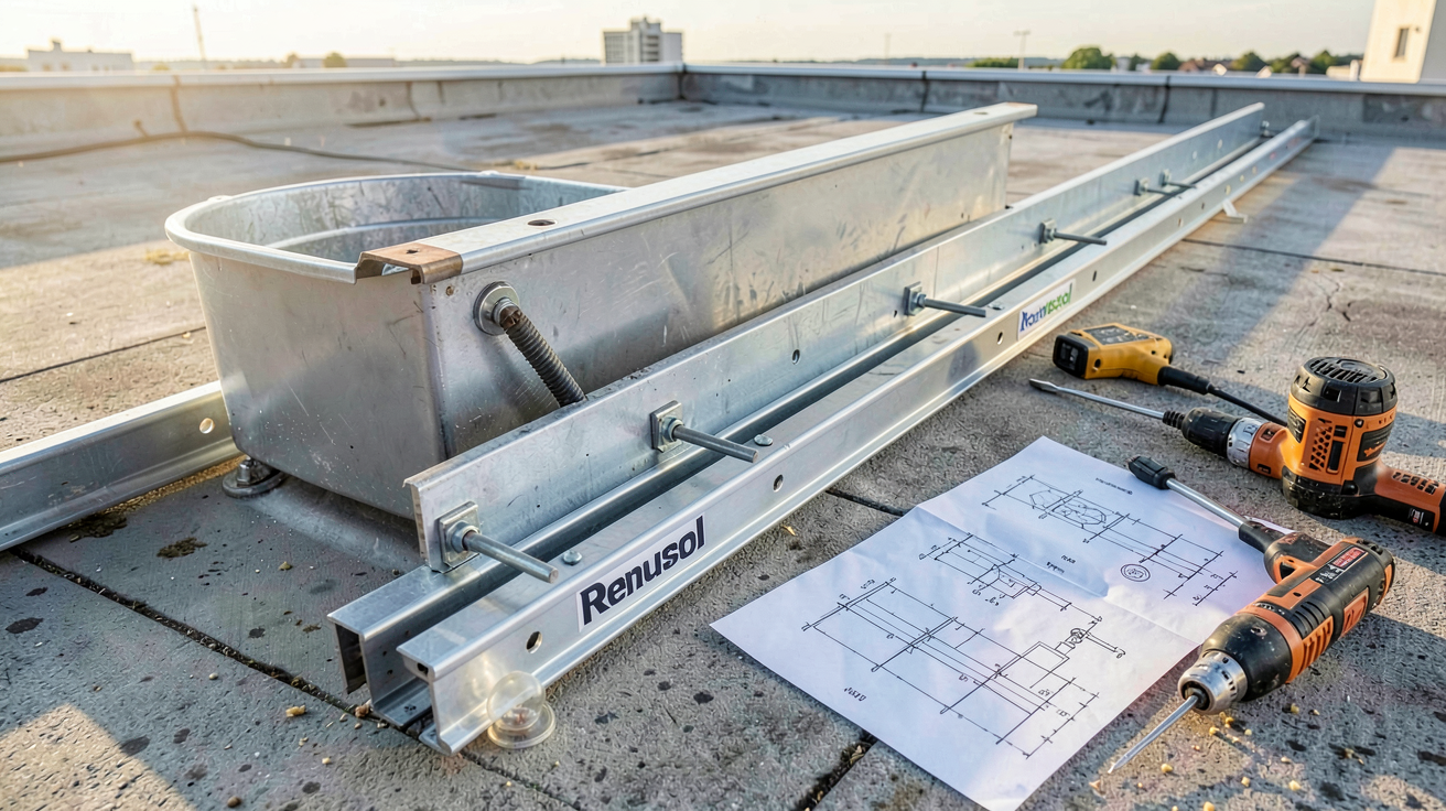 bac Renusol installation détaillée sur toit plat avec outils et schémas techniques