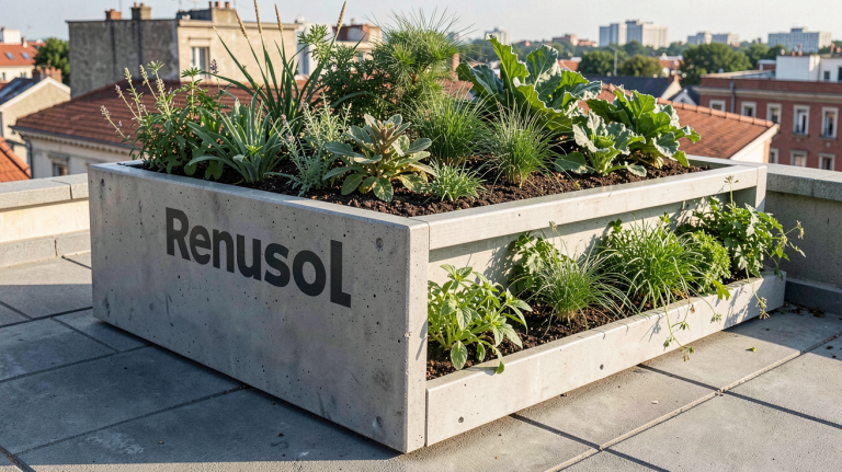 bac Renusol installé sur une toiture urbaine avec des plantes vertes et du substrat