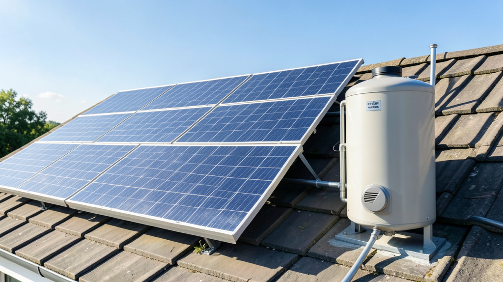 ballon d eau chaude avec panneau solaire installé sur le toit d'une maison moderne