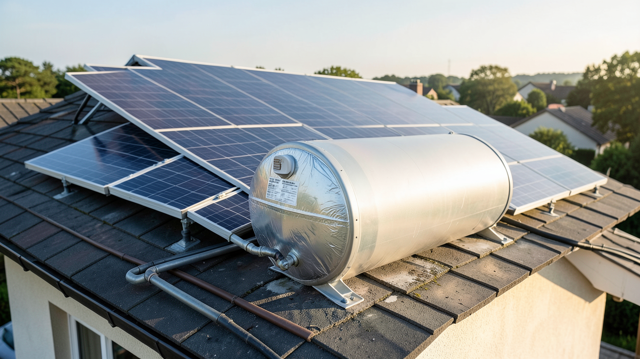 ballon d'eau chaude solaire installé sur le toit d'une maison avec capteurs thermiques en arrière-plan