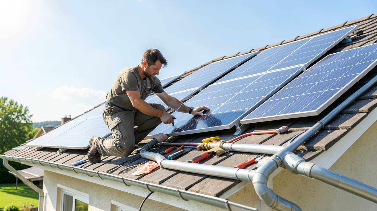 ballon d eau chaude solaire prix installé sur le toit d'une maison avec panneaux solaires et tuyauterie visible