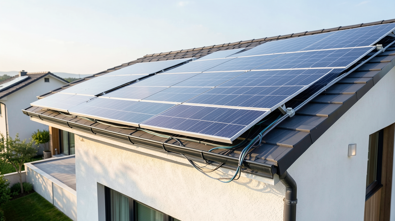 ballon d'eau chaude solaire installé dans une maison moderne, compatible avec des panneaux photovoltaïques