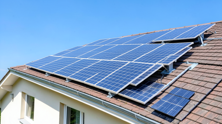 ballon eau chaude panneau photovoltaique installé sur le toit d'une maison en été