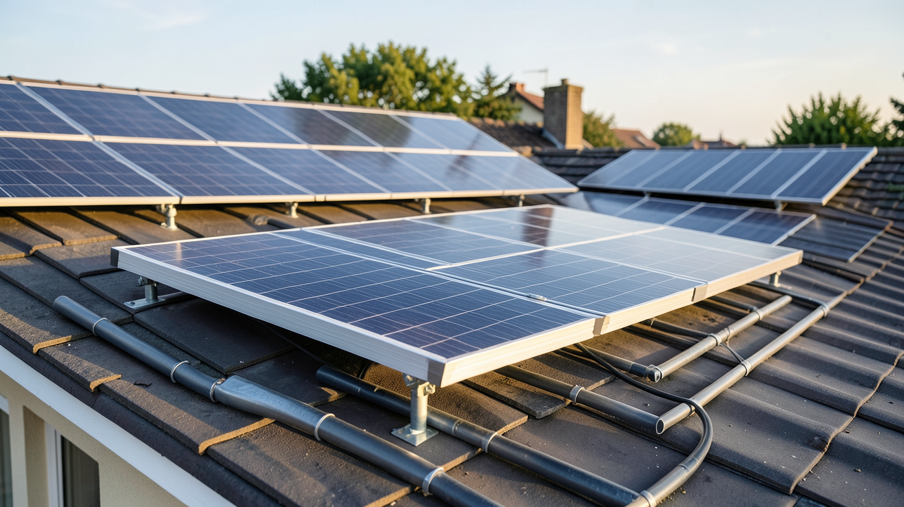 ballon d'eau chaude solaire installé sur un toit avec des panneaux solaires thermiques en arrière-plan