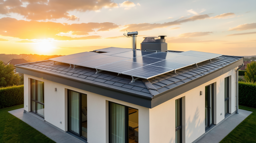 ballon d'eau chaude couplé à des panneaux solaires thermiques installés sur le toit d'une maison moderne écologique
