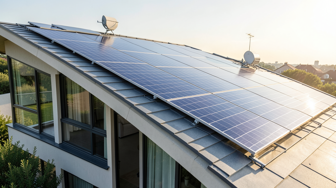 ballon eau chaude panneau solaire installé à côté de panneaux solaires thermiques sur le toit d'une maison moderne