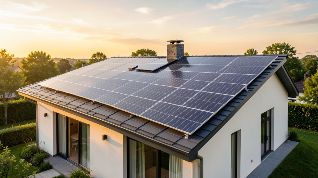 ballon eau chaude photovoltaique installé sur le toit d'une maison moderne avec des panneaux solaires