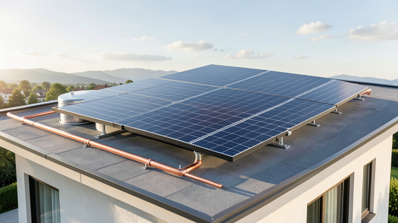 ballon d'eau chaude solaire installé sur le toit d'une maison moderne avec panneaux solaires